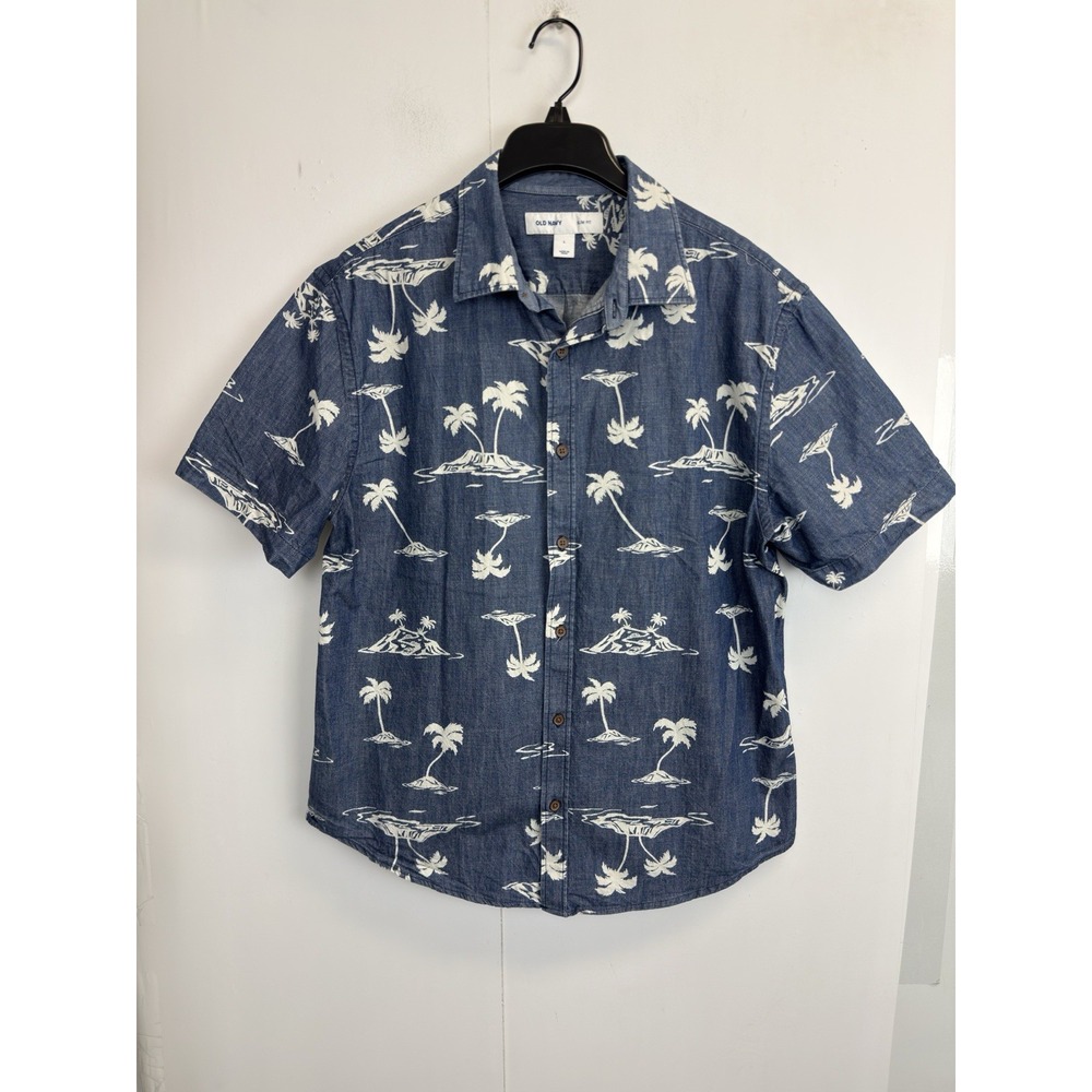 Old Navy Men's L Slim Fit Hawaiian Denim Chambray Button Down Short Sleeve Blue